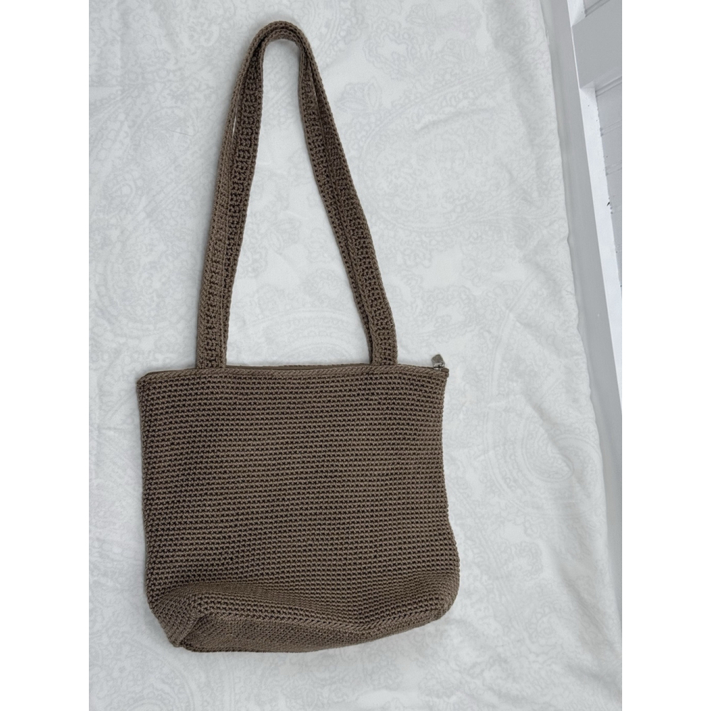 THE SAK Purse Shoulder Bag Taupe Crochet Hobo Double Strap Logo Boho